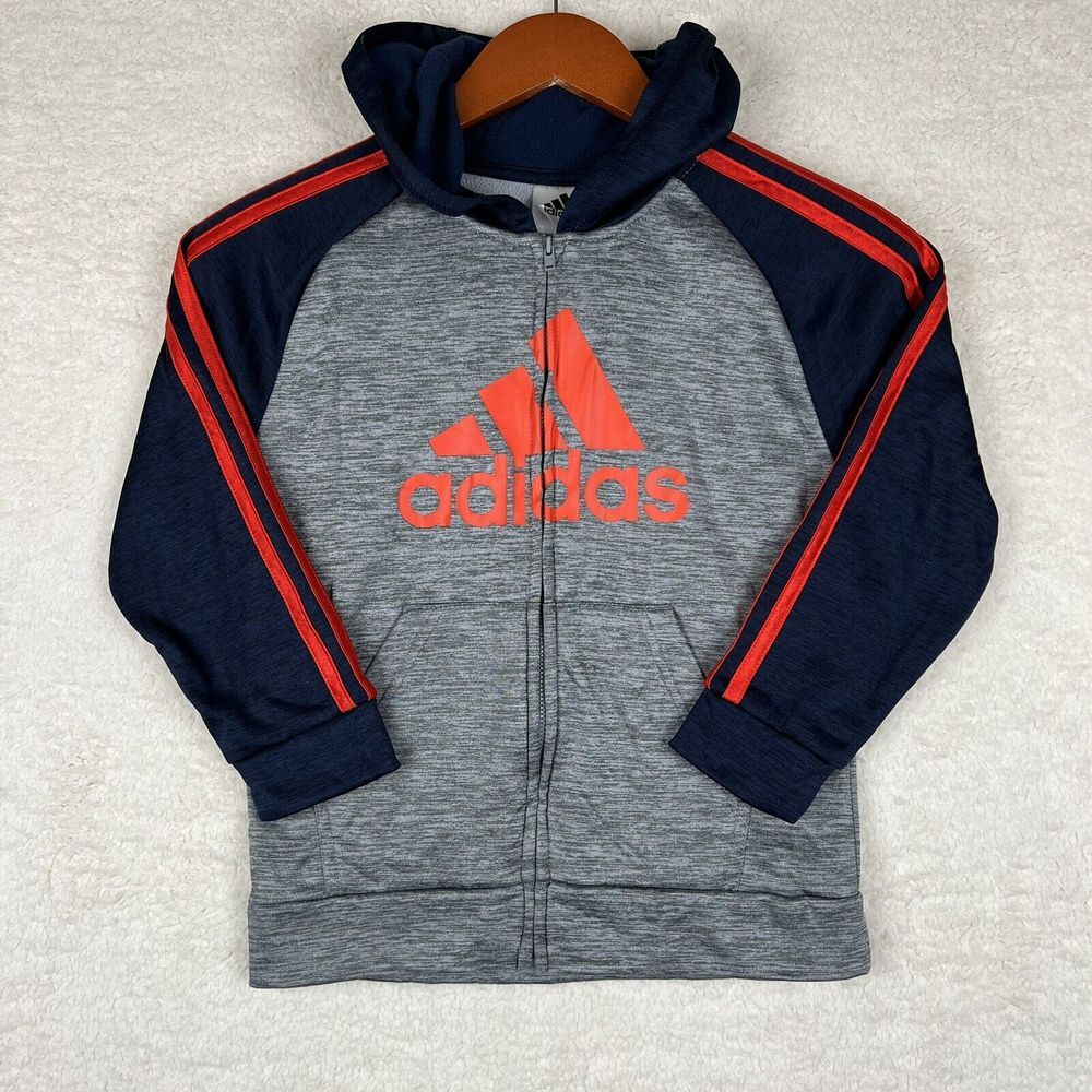 Adidas Sweater Youth 7 Small Gray‎ Blue Orange Striped Hoodie Full Zip
